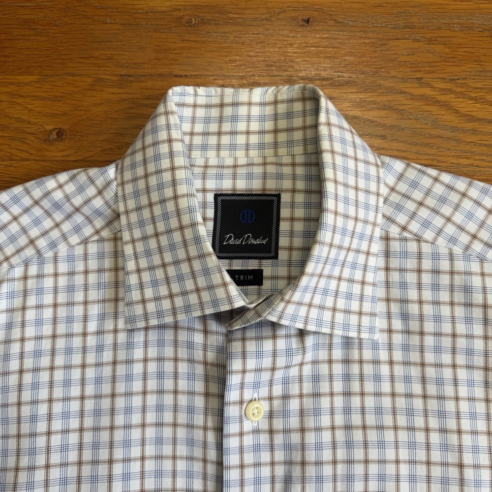 David Donahue Dress Shirt Mens 15.5 34/35 Plaid Trim Fit Long Sleeve Blue Brown